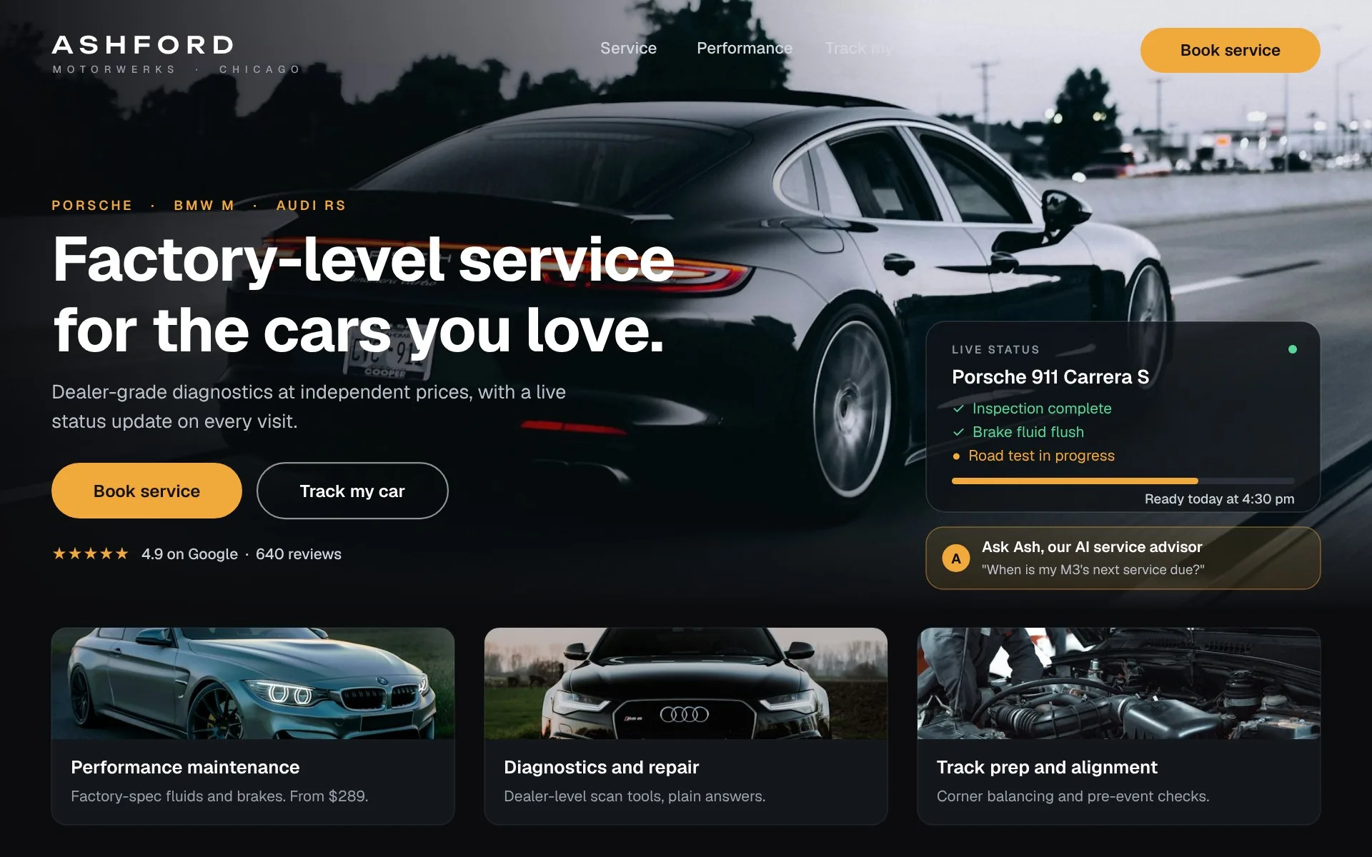 The Prolectio redesign: a dark editorial hero with a Porsche, Book service and Track my car buttons, live service status and an AI service advisor.
