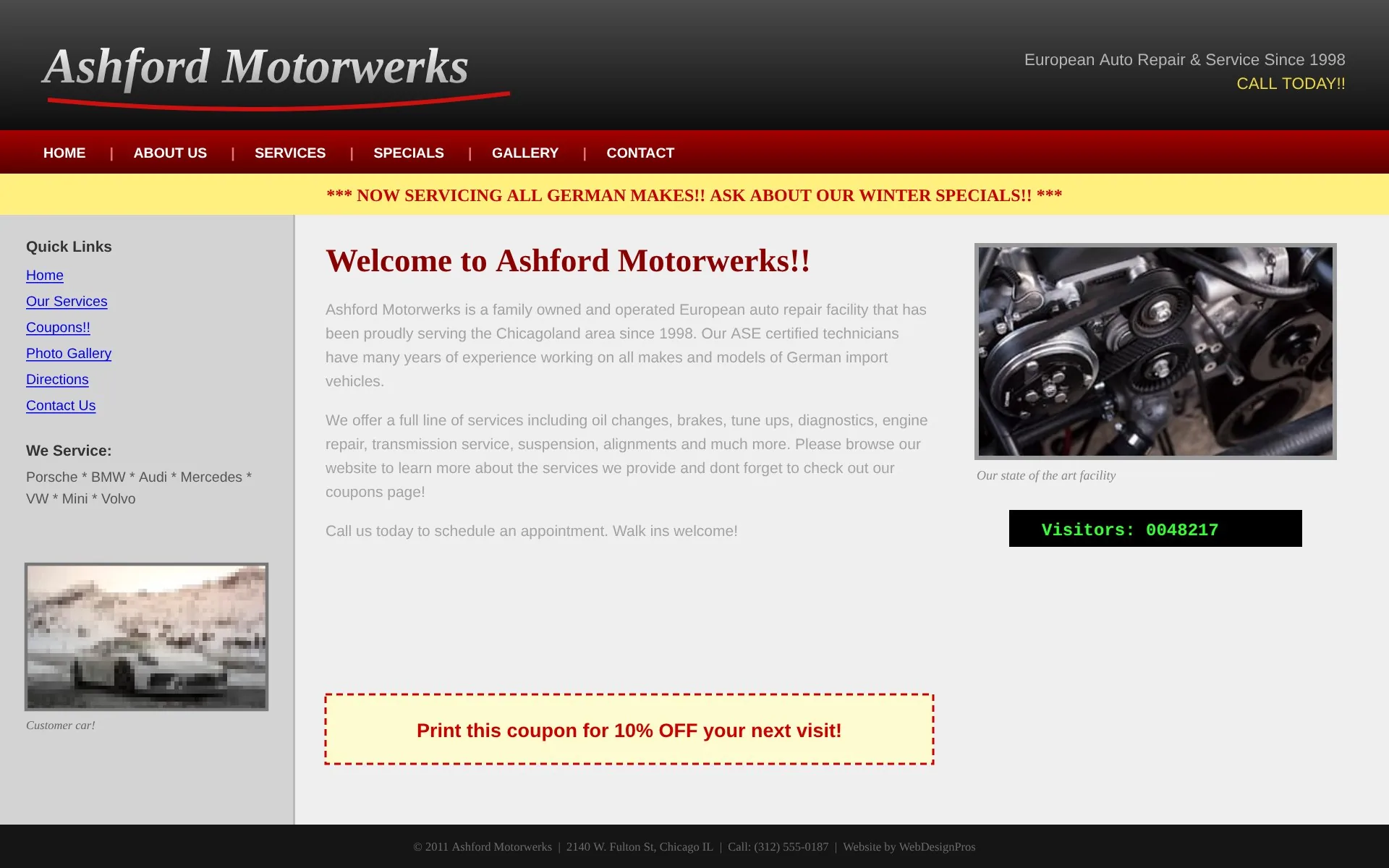 The original 2011 Ashford Motorwerks website: cluttered layout, low-contrast text, phone number hidden in the footer.